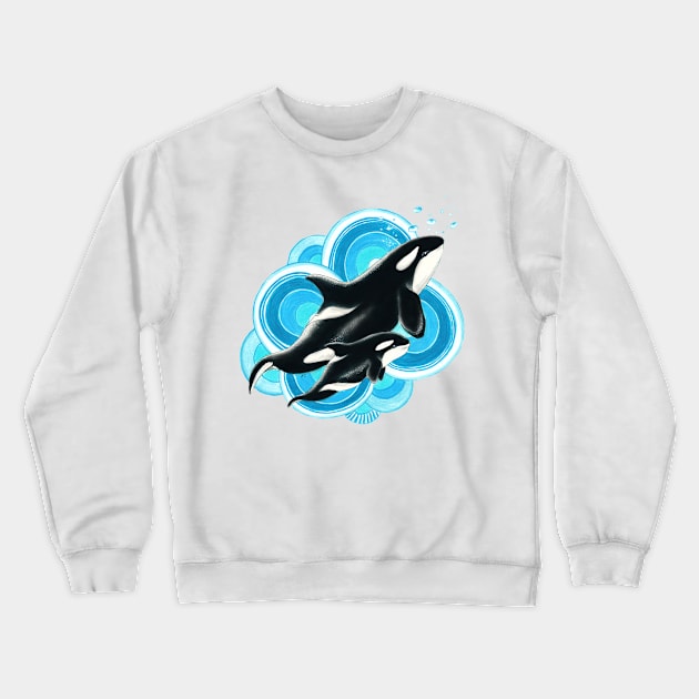 Orca whale and calf blue ink drawing Crewneck Sweatshirt by Seven Sirens Studios